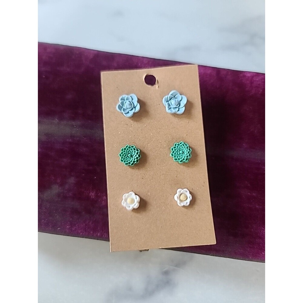 Polymer Clay Floral Stud Earrings New, Set Of Three